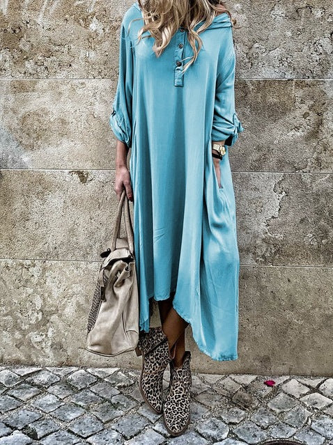Damen komfortables Langarmkleid mit Knopfleiste und Seitentaschen R&B
