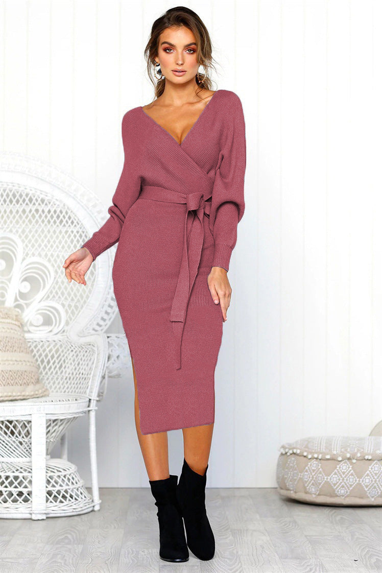 Damen Elegantes Wickelkleid mit einem Taillengürtel aus Strick R&B