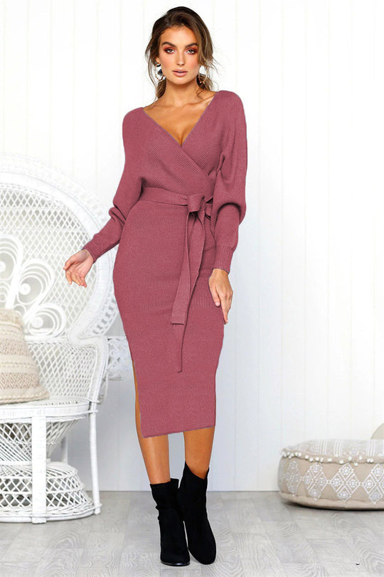Damen Elegantes Wickelkleid mit einem Taillengürtel aus Strick R&B