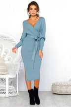 Damen Elegantes Wickelkleid mit einem Taillengürtel aus Strick R&B