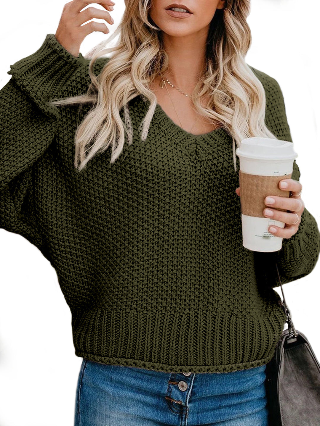 Damen Grobstrickpullover mit V-Ausschnitt und lässiger Passform R&B
