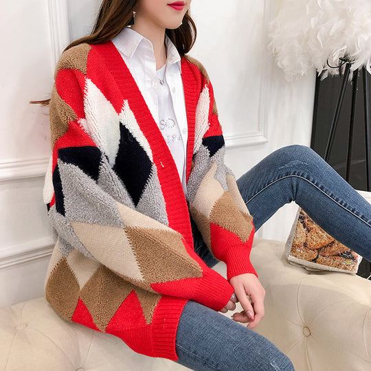 Damen lockerer Strickcardigan mit geometrischem Muster R&B