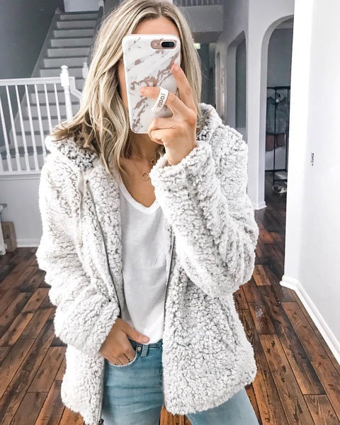 Damen nan kuschelige Teddy-Fleece Übergangsjacke mit Kapuze und Reißverschluss R&B