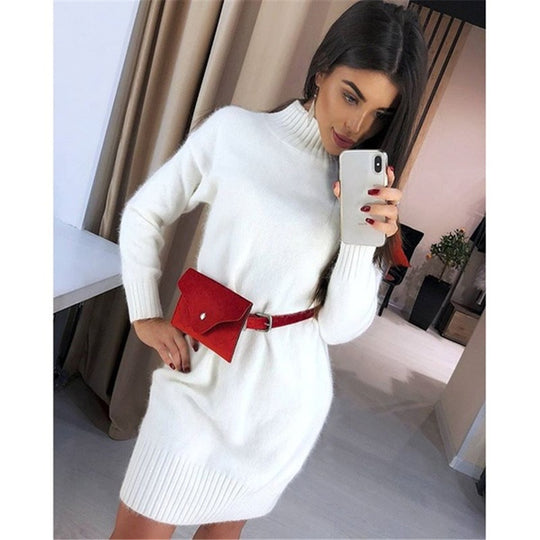 Damen Strickkleid mit hohem Kragen und Rippstruktur R&B
