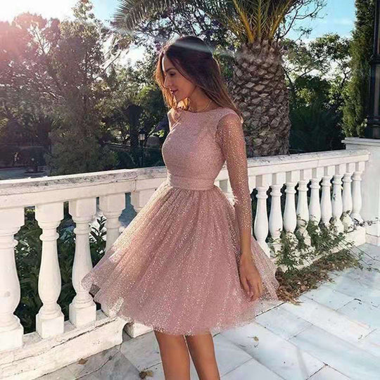 Damen Elegantes Tüllkleid mit Transparenten Ärmeln R&B
