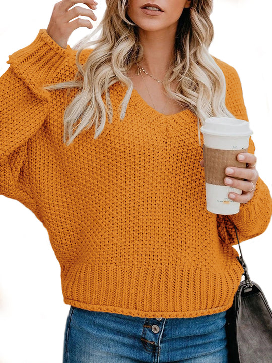 Damen lässiger Strickpullover mit V-Ausschnitt und weitem Schnitt R&B