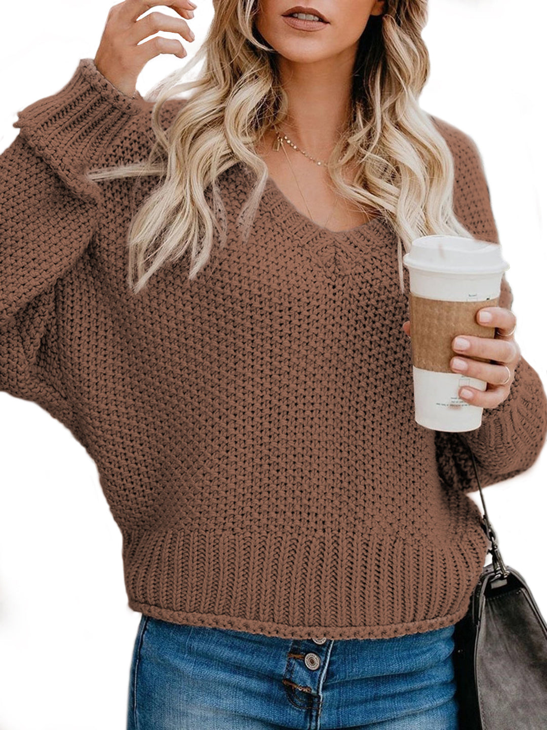 Damen lässiger Strickpullover mit V-Ausschnitt und weitem Schnitt R&B