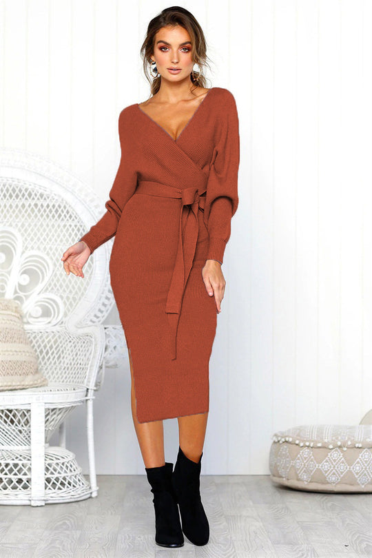 Damen Elegantes Wickelkleid mit einem Taillengürtel aus Strick R&B