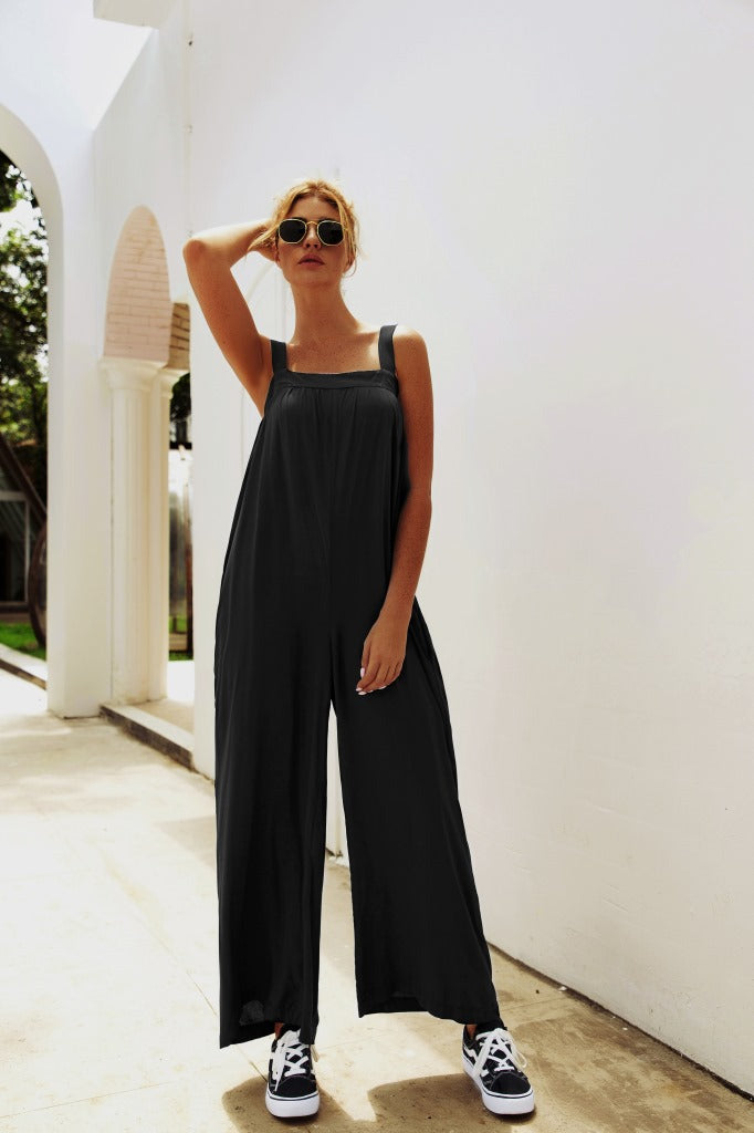 Damen Lässiger Jumpsuit mit weitem Bein und praktischen Taschen R&B