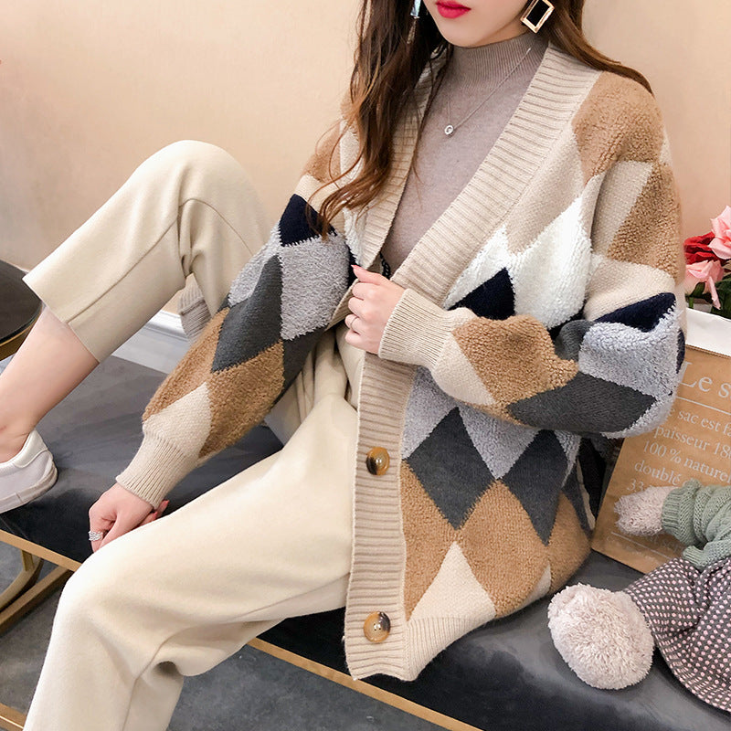 Damen lockerer Strickcardigan mit geometrischem Muster R&B