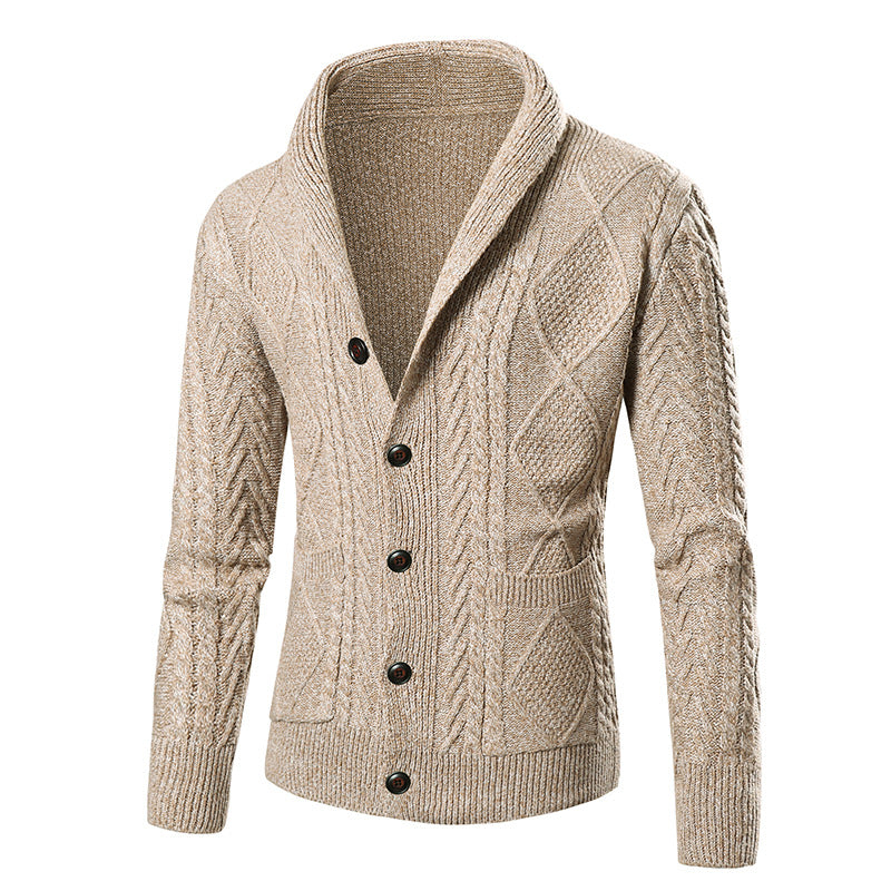 Herren Strickjacke mit modernem Zopfmuster und schickem Schalkragen R&B
