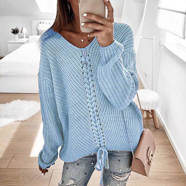 Damen lässiger Strickpullover mit modischem Schnürdetail R&B