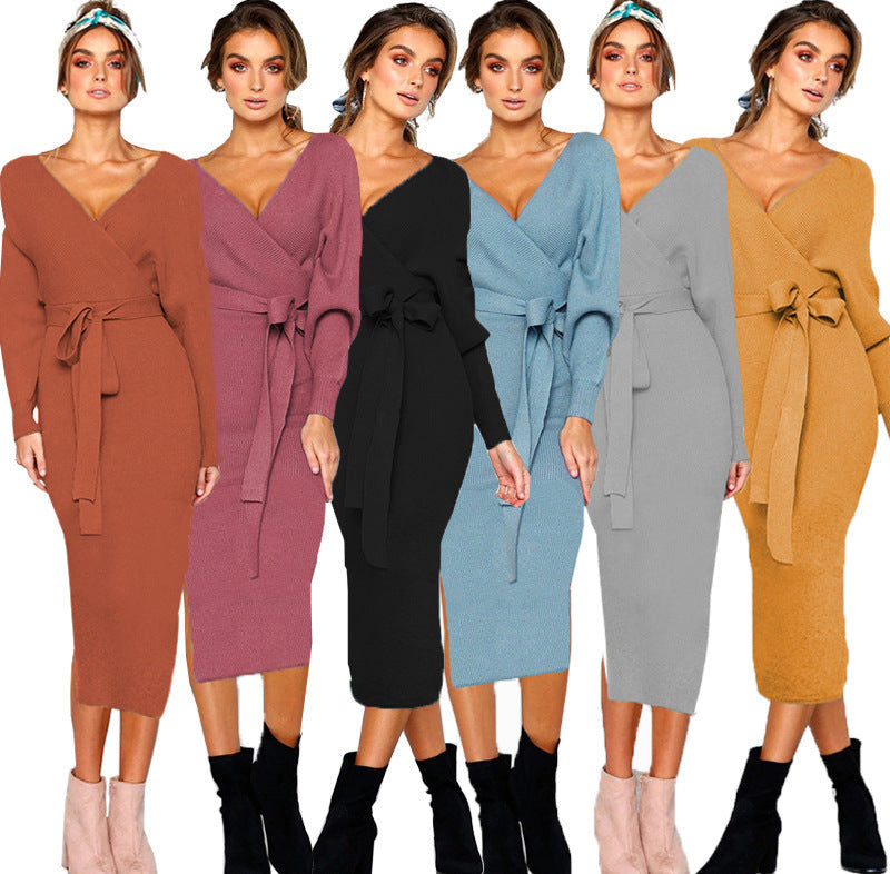 Damen Elegantes Wickelkleid mit einem Taillengürtel aus Strick R&B