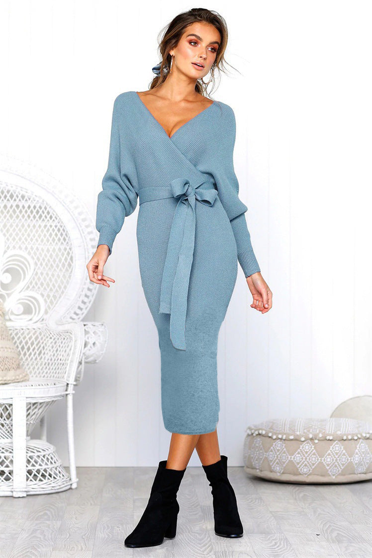 Damen Elegantes Wickelkleid mit einem Taillengürtel aus Strick R&B