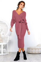 Damen Elegantes Wickelkleid mit einem Taillengürtel aus Strick R&B