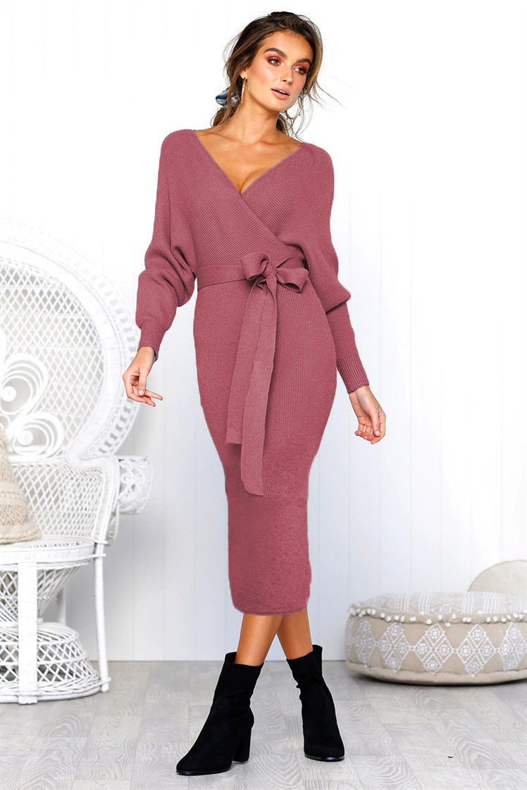 Damen Elegantes Wickelkleid mit einem Taillengürtel aus Strick R&B