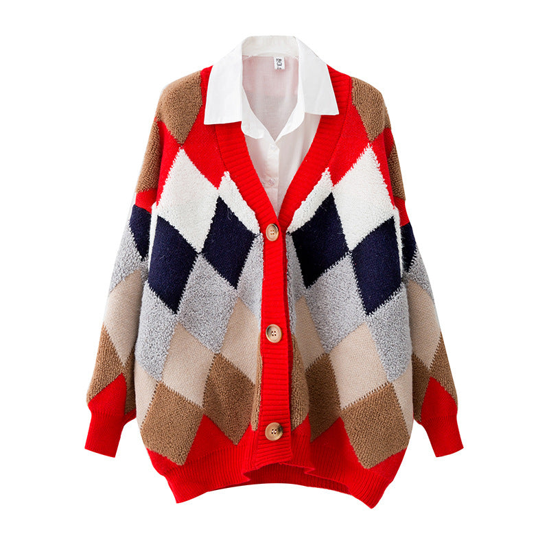 Damen lockerer Strickcardigan mit geometrischem Muster R&B