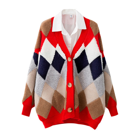 Damen lockerer Strickcardigan mit geometrischem Muster R&B