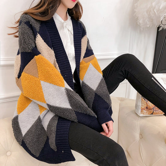 Damen lockerer Strickcardigan mit geometrischem Muster R&B