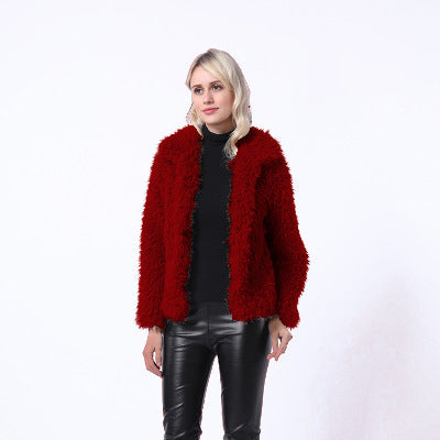 Damen Modischer Kunstpelzjacke mit elegantem Kragen und seitlichen Taschen R&B