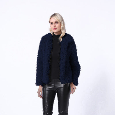 Damen Modischer Kunstpelzjacke mit elegantem Kragen und seitlichen Taschen R&B
