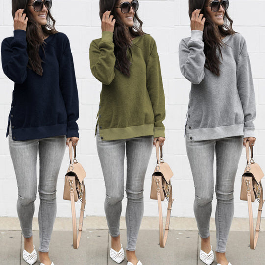 Damen lässiger Sweatpullover mit seitlichen Druckknöpfen R&B