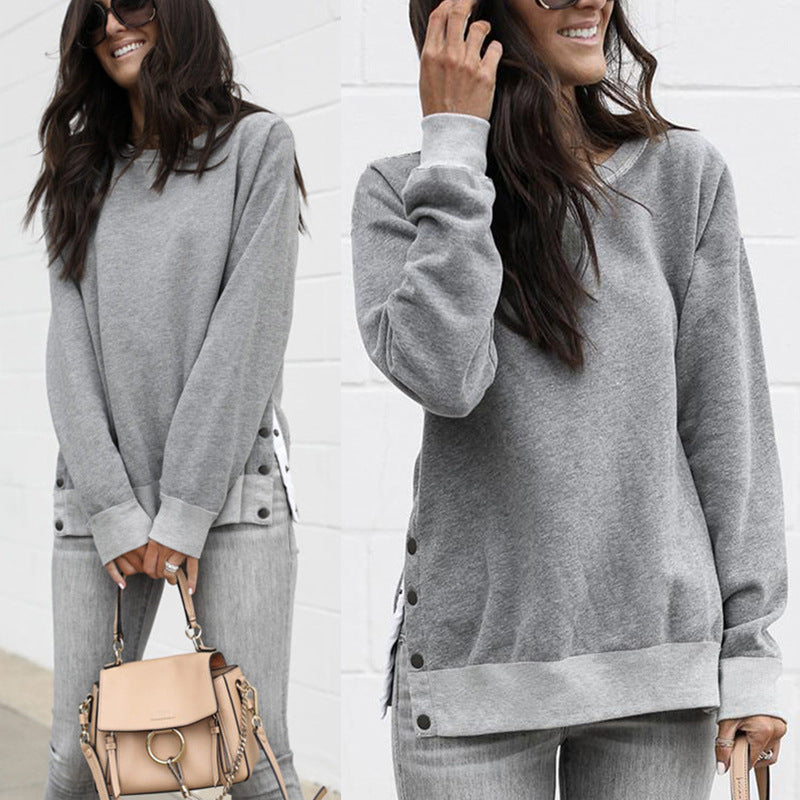 Damen lässiger Sweatpullover mit seitlichen Druckknöpfen R&B