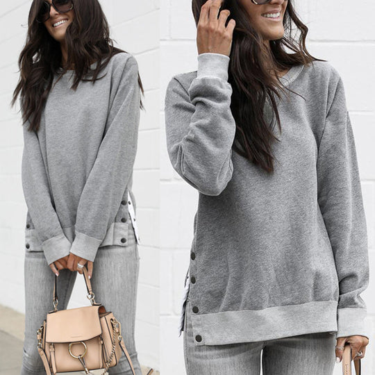 Damen lässiger Sweatpullover mit seitlichen Druckknöpfen R&B