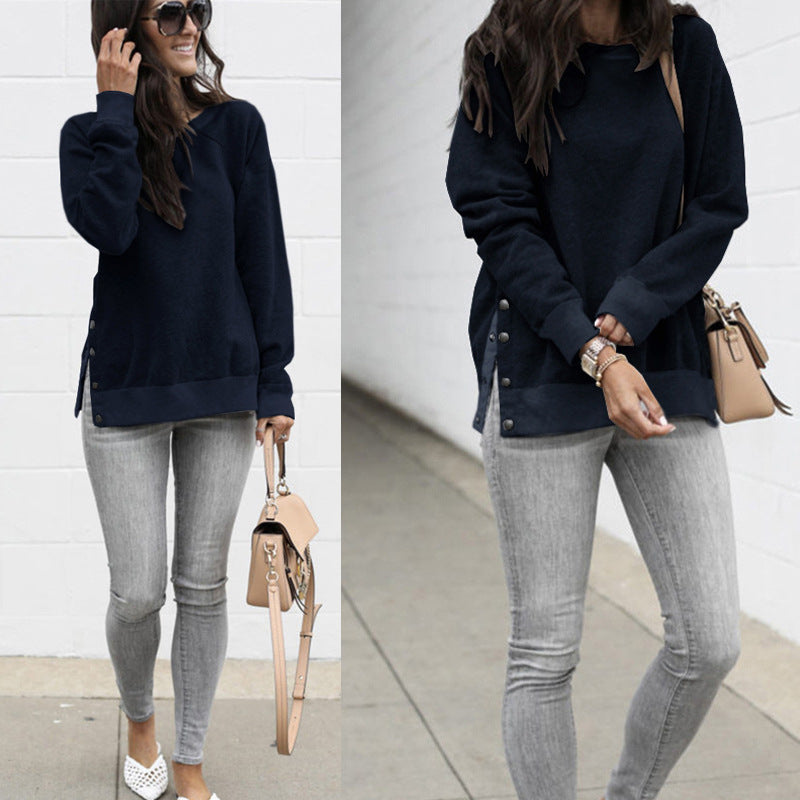Damen lässiger Sweatpullover mit seitlichen Druckknöpfen R&B
