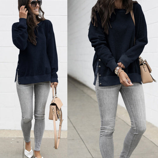Damen lässiger Sweatpullover mit seitlichen Druckknöpfen R&B