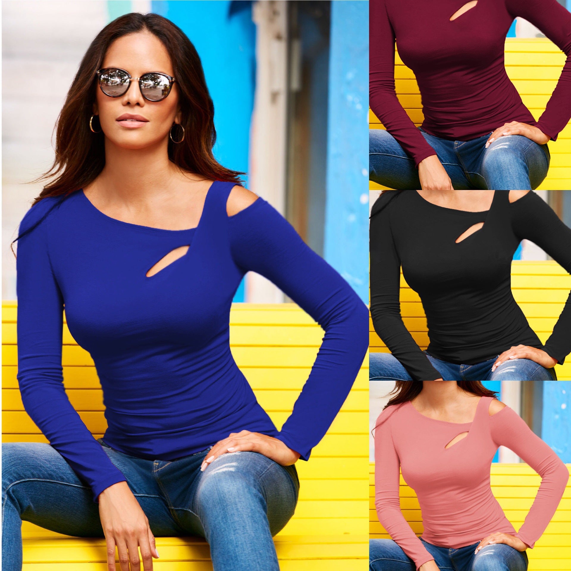 Damen lässiges Longsleeve Oberteil mit asymmetrischem Ausschnitt und seitlichem Cut-Out R&B