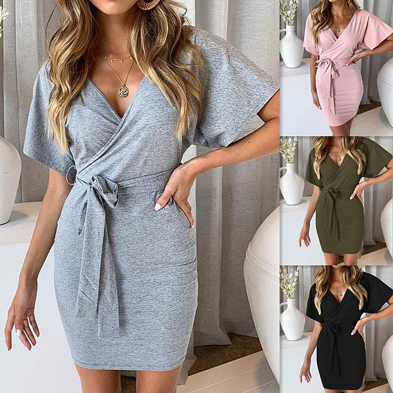 Damen Wickelkleid mit modischem Taillengürtel und tiefem V-Ausschnitt R&B
