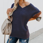 Damen eleganter V-Ausschnitt Strickpullover mit kontrastierenden Ärmeln R&B