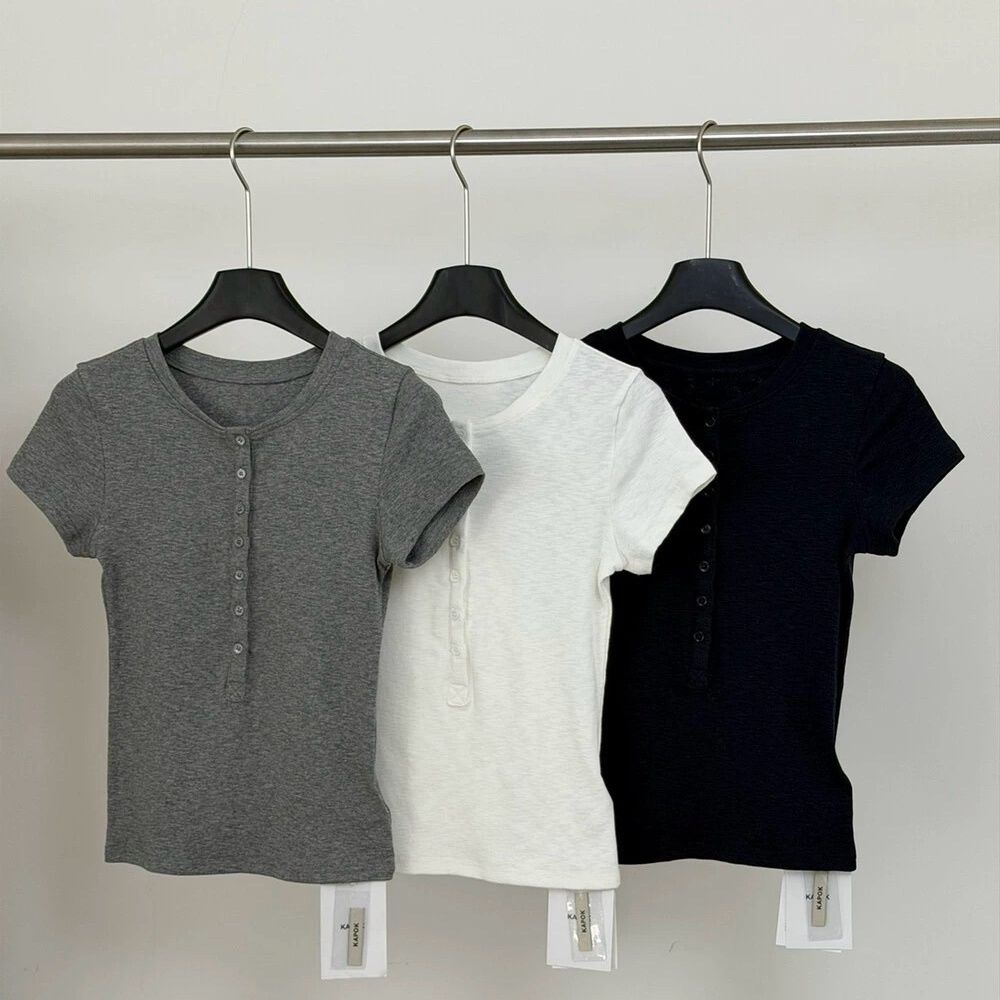 Damen Kurzarm T-Shirt mit Knopfleiste Slim Fit
