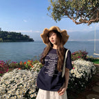 Damen Kurzarm T-Shirt mit Buchstaben Print Schwarz