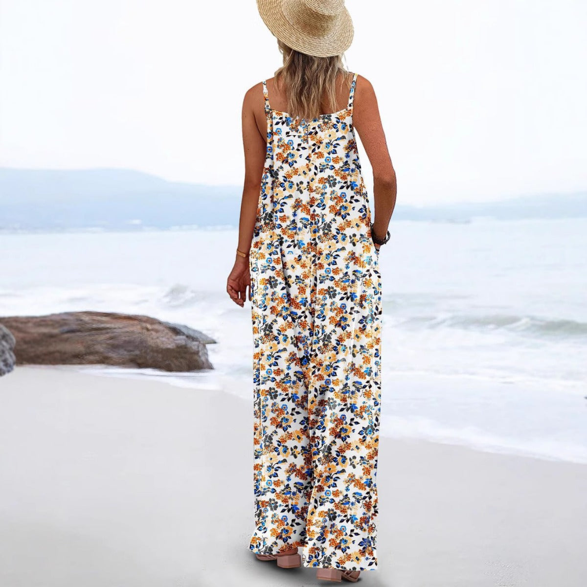 R&B | Verstellbarer Schultergurt Druck lässig Hosenträger floral Jumpsuit