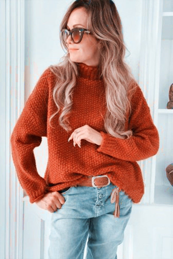 Damen lässiger Pullover mit hochgeschlossenem Kragen und strukturierter Maschenoptik R&B