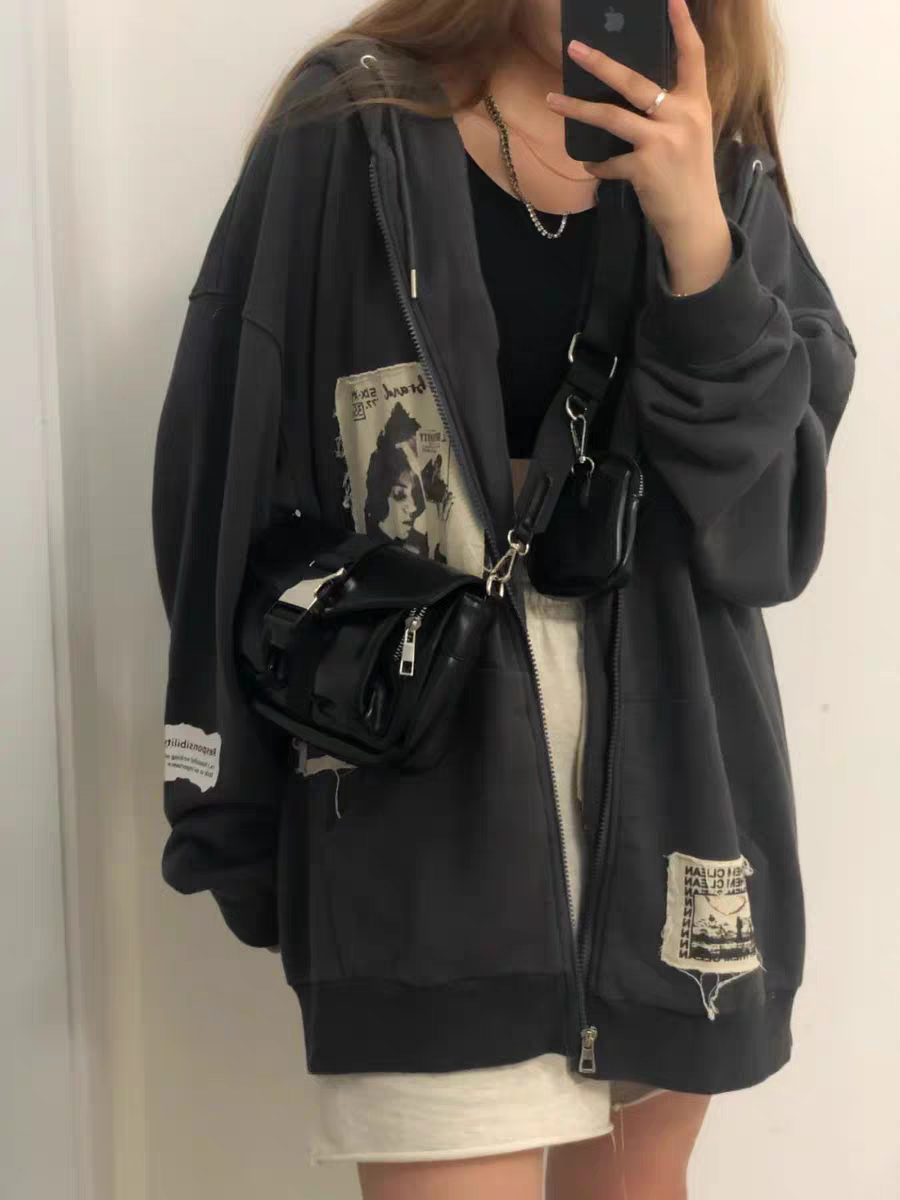 R&B | Hoodie mit Gepatchten Bildern Und Reißverschluss