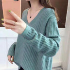 Damen V-Ausschnitt Strickpullover mit feiner Rippstruktur und lässigem Schnitt R&B