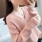 Damen V-Ausschnitt Strickpullover mit feiner Rippstruktur und lässigem Schnitt R&B