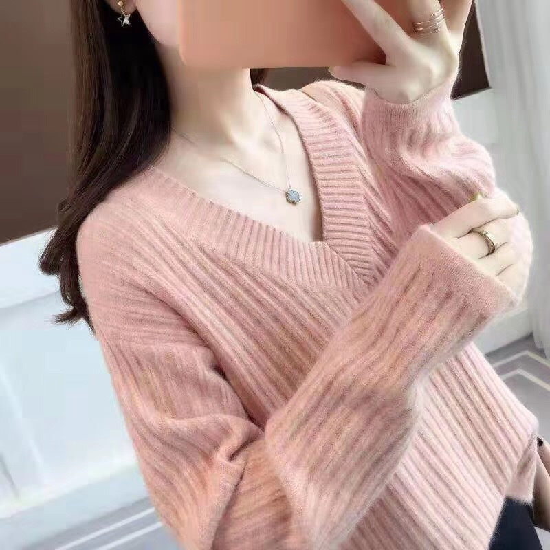 Damen V-Ausschnitt Strickpullover mit feiner Rippstruktur und lässigem Schnitt R&B