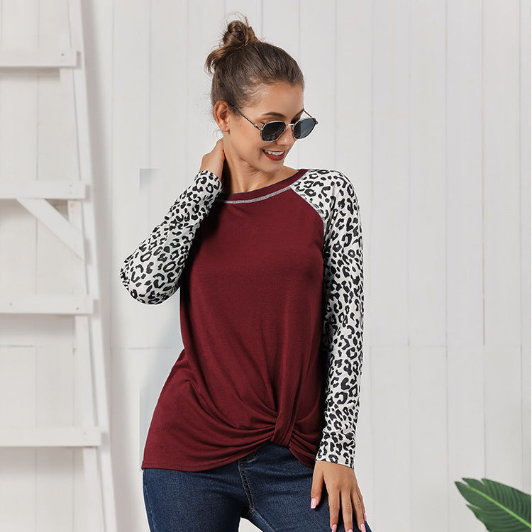 Damen Oberteil mit modischem Leopardenärmeln und lässigem Knoten-Design R&B