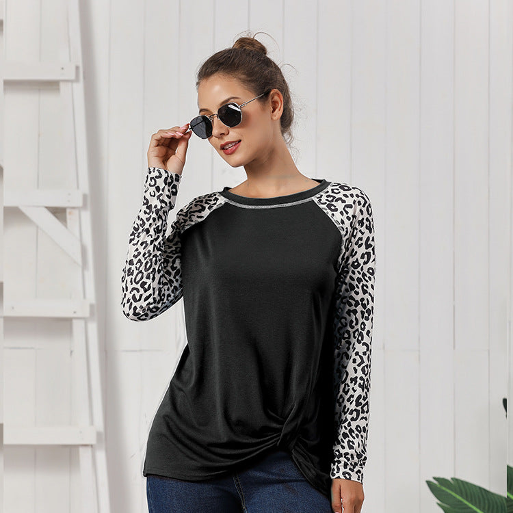 Damen Oberteil mit modischem Leopardenärmeln und lässigem Knoten-Design R&B