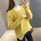 Damen V-Ausschnitt Strickpullover mit feiner Rippstruktur und lässigem Schnitt R&B