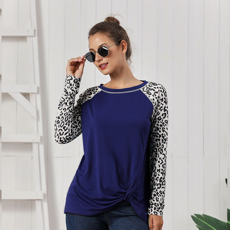 Damen Oberteil mit modischem Leopardenärmeln und lässigem Knoten-Design R&B