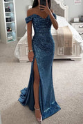 R&B | Pailletten Off-Shoulder Raffung Schlitz Abend Maxi Kleid