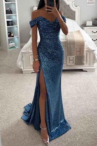 R&B | Pailletten Off-Shoulder Raffung Schlitz Abend Maxi Kleid