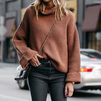 Damen Gemütlicher Strickpullover mit hohem Kragen und modernem Waffelmuster