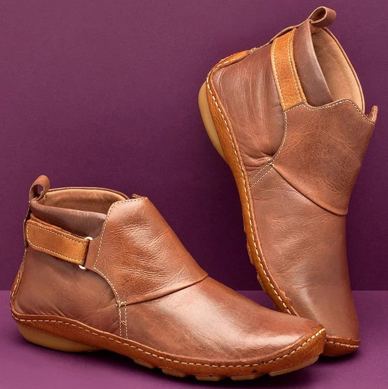 Damen nan knöchelhohe Soft-Lederimitat-Stiefelette mit verstellbarem Klettriemen, gepolstertem Schaft und flexibler Profilsohle R&B
