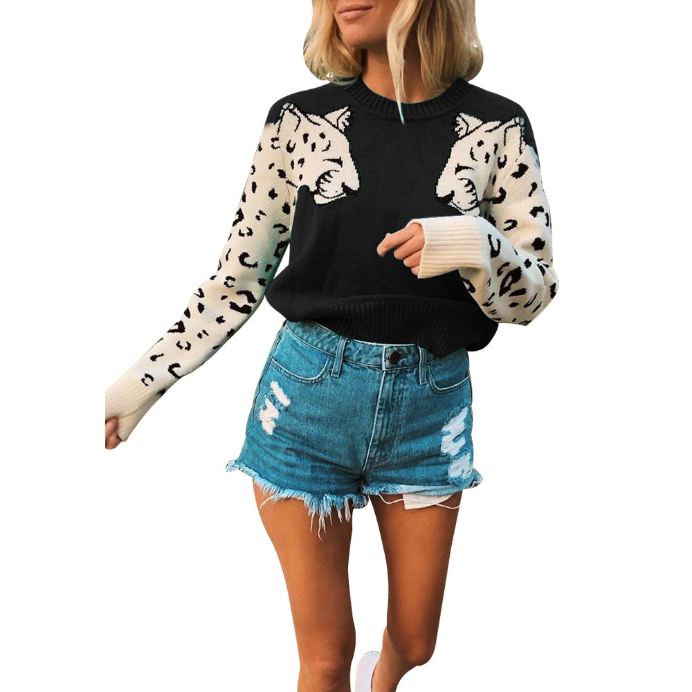Damen modischer Strickpullover mit tierischem Motiv und farblich abgesetzten Ärmeln R&B